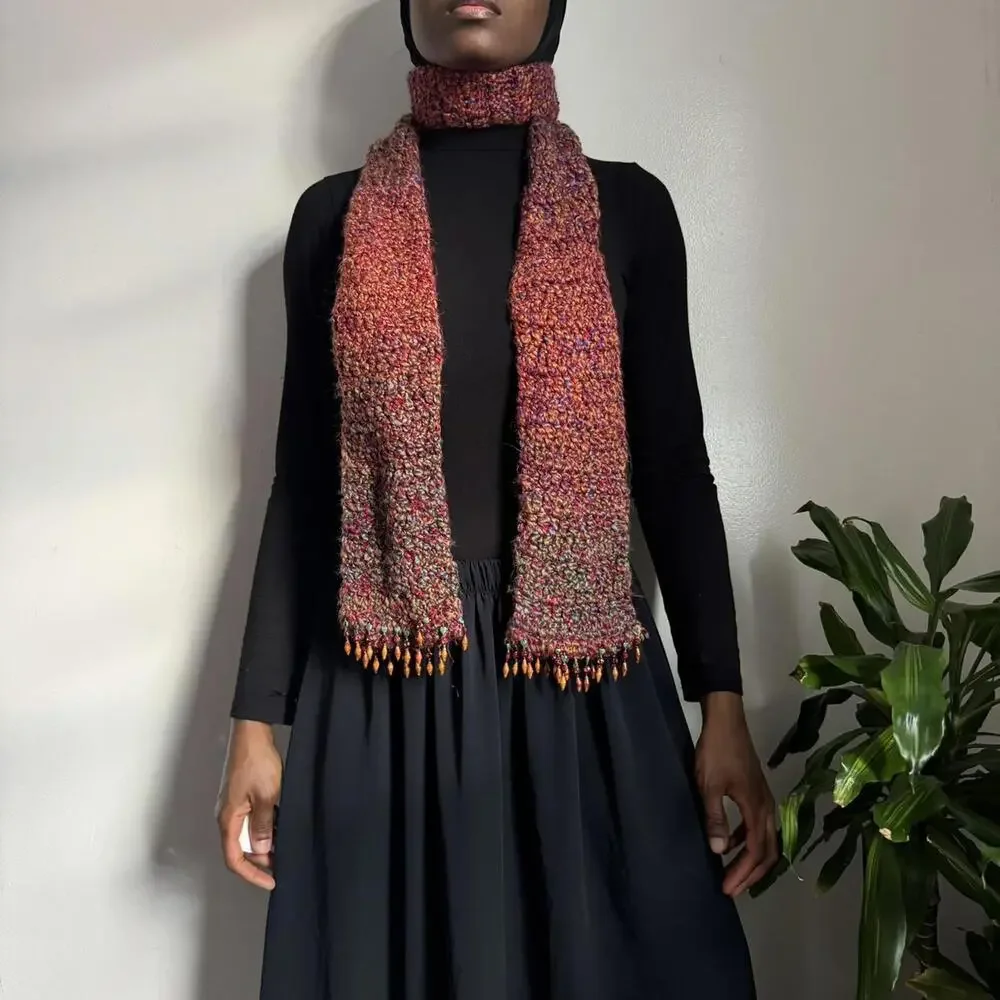 Vintage Boho Hand-Beaded Crochet‎ Scarf in Sunset Tones